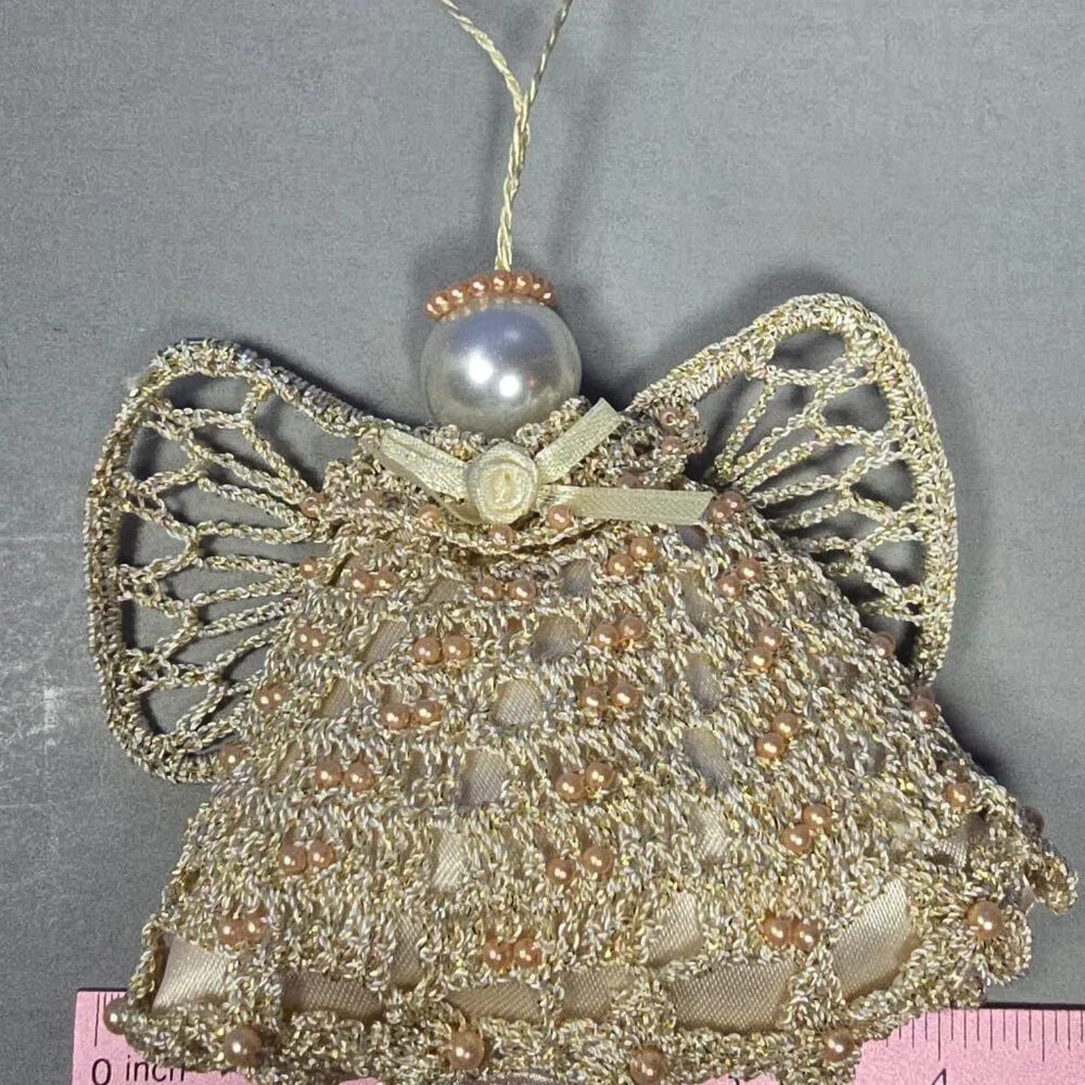 Hand Crocheted Beaded Angel Ornaments Set of 3 Fabric Holiday Decor Spiritual